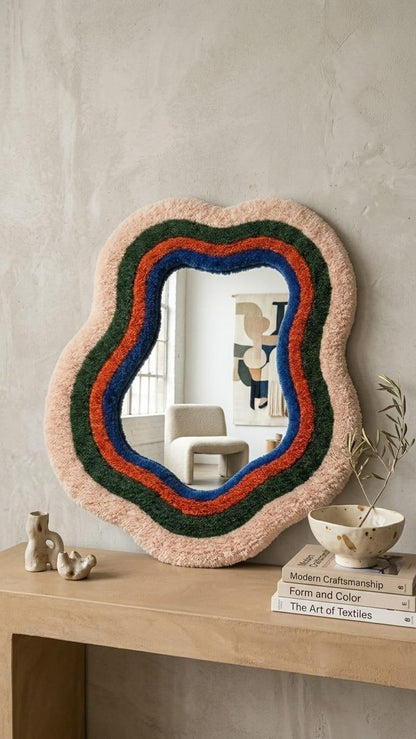 Tufted Wavy Mirror | Retro 70s Punch Needle Wall Art, Mid Century Modern Home Decor