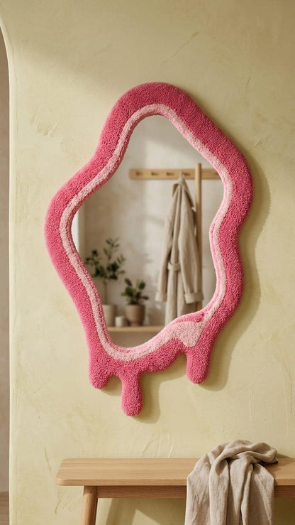 Tufted Pink Drip Mirror | Melted Punch Needle Wall Art, Coquette Decor