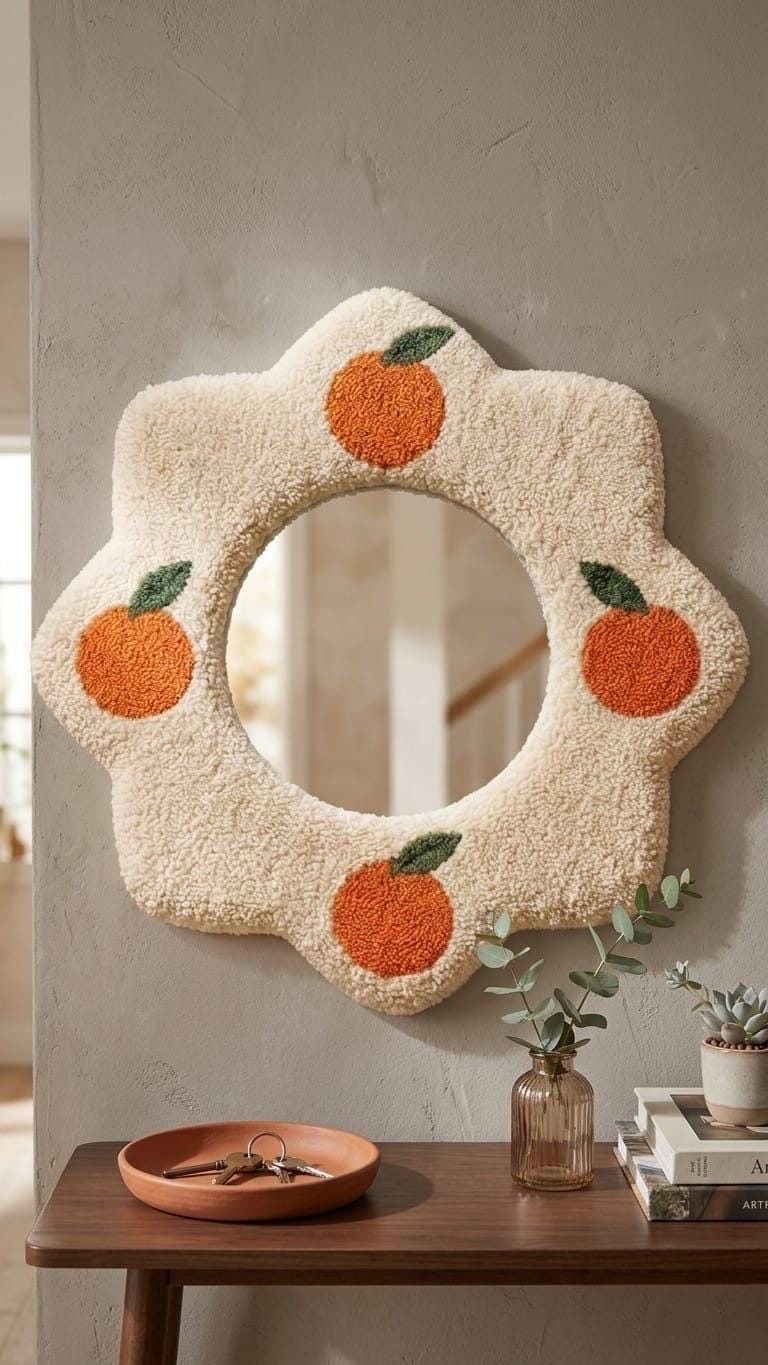 Tufted Orange Fruit Mirror | Flower Punch Needle Wall Art | Boho Wavy Cream Mirror