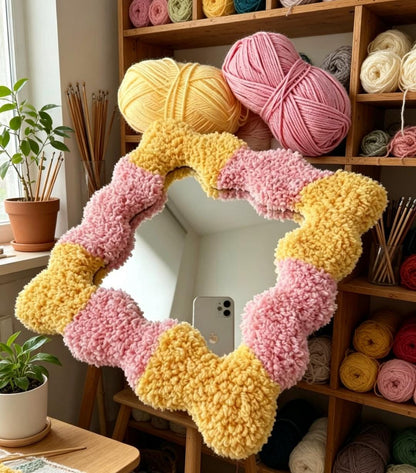 Handmade Tufted Wavy Mirror | Punch Needle Boho Home Decor
