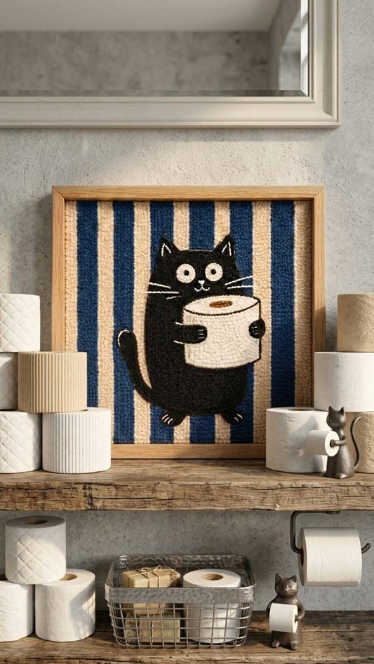 Funny Black Cat Bathroom Wall Art | Tufted Toilet Paper Cat Frame | Punch Needle Restroom Decor | Cat Lover Gift