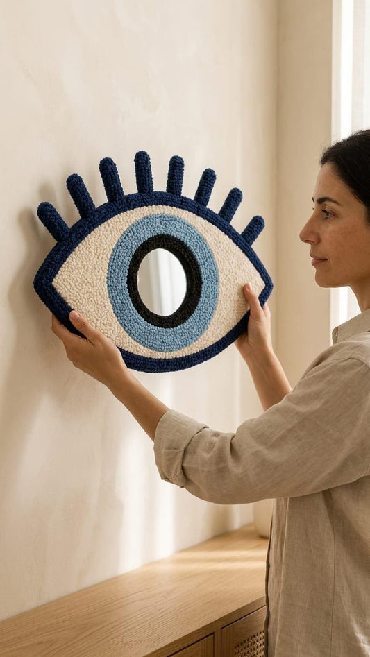 Evil Eye Mirror, Tufted Wall Mirror, Blue Eye Wall Decor, Greek Eye Decor, Boho Wall Mirror, Handmade Mirror, Mediterranean Home Decor