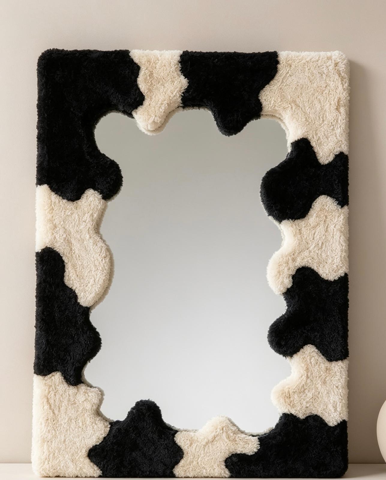 Handmade Tufted Cow Print Mirror, Wavy Plush Vanity Wall Decor