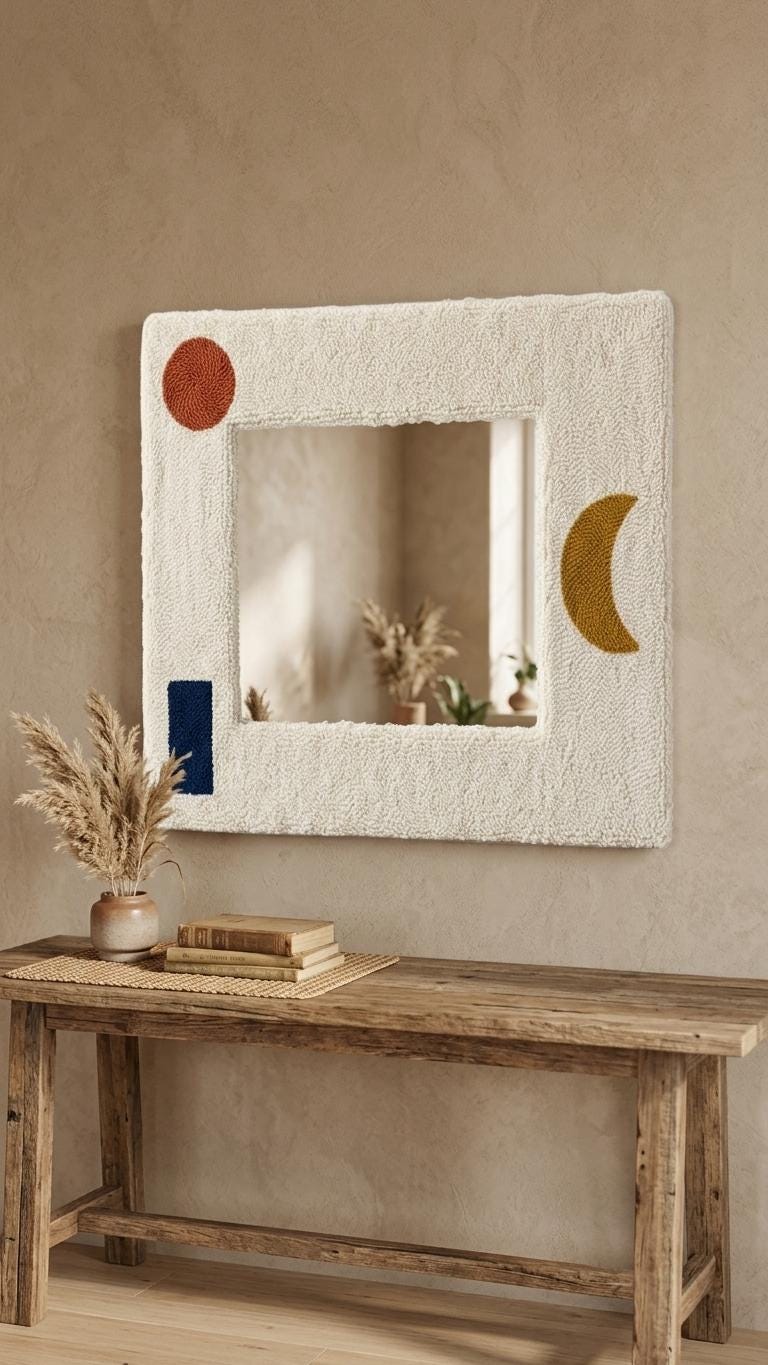 Punch Needle Mirror, Tufted Geometric Boho Wall Decor, Mid Century Abstract Cosmetic Mirror