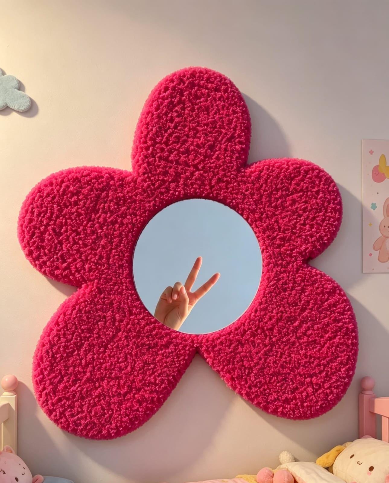 Hot Pink Tufted Flower Mirror, Punch Needle Wall Art, Y2K Preppy Decor