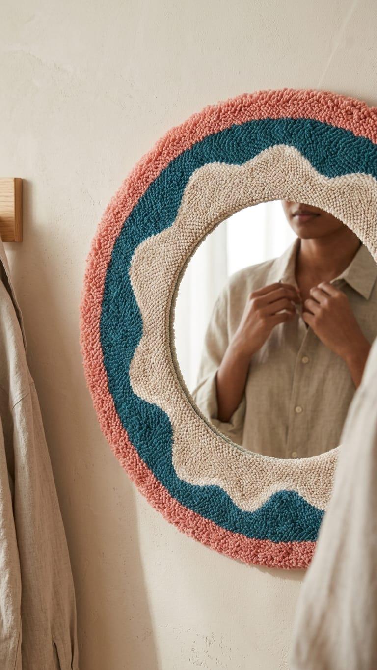 Round Tufted Mirror, Punch Needle Flower Wall Art, Retro Boho Decor