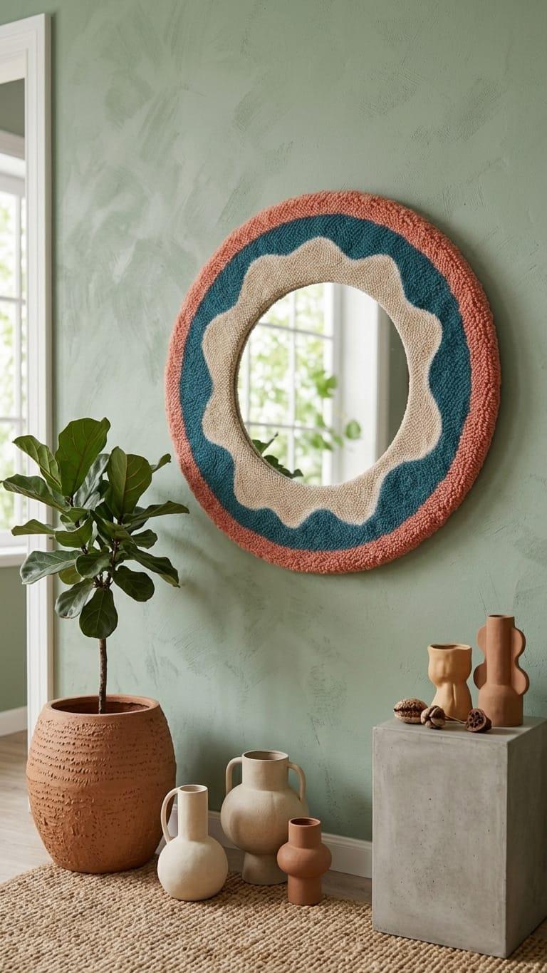 Round Tufted Mirror, Punch Needle Flower Wall Art, Retro Boho Decor