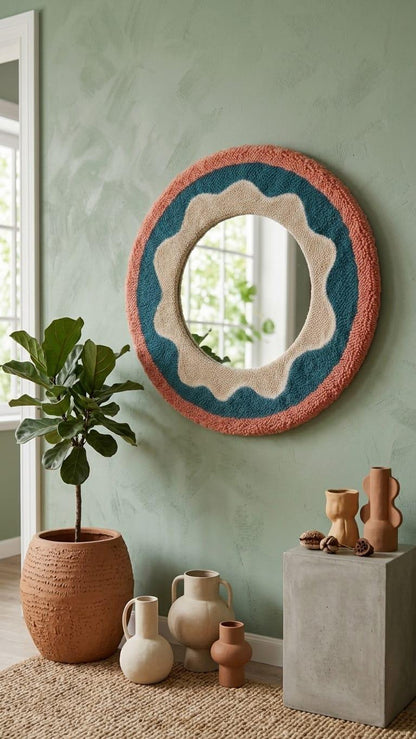 Round Tufted Mirror, Punch Needle Flower Wall Art, Retro Boho Decor