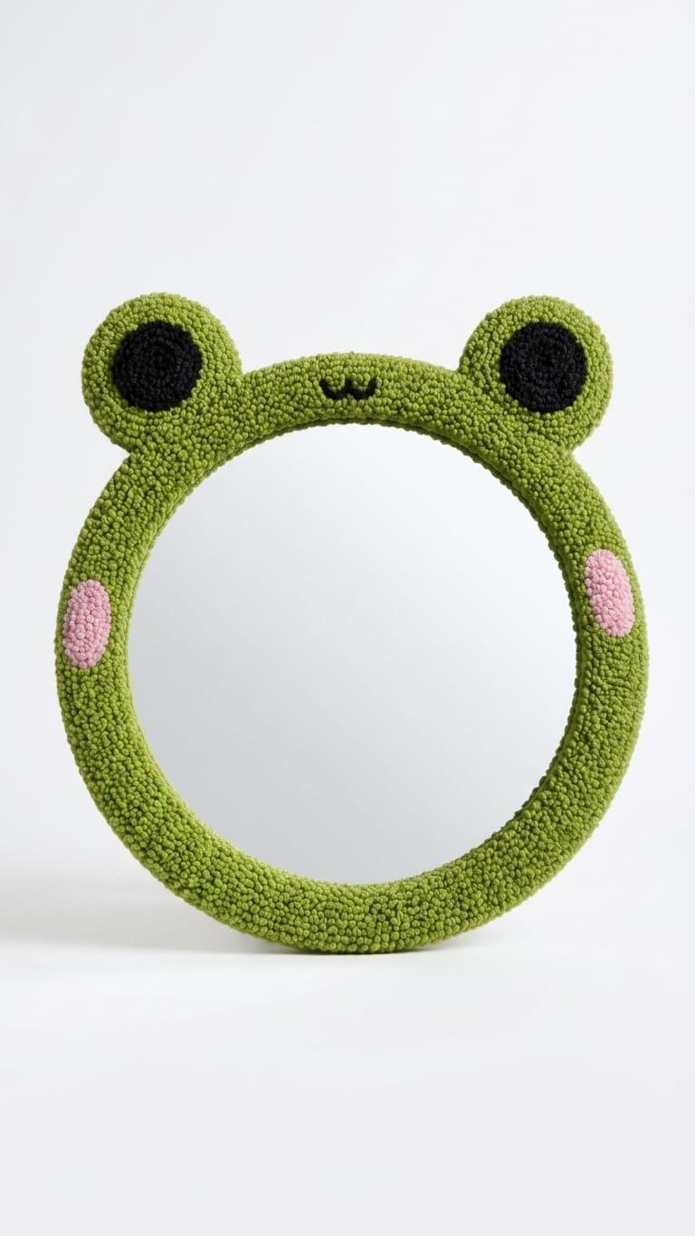 Tufted Frog Mirror | Cute Kawaii Punch Needle Wall Art | Green Frogcore Room Decor | Animal Shaped Mirror | Whimsical Nursery Gift