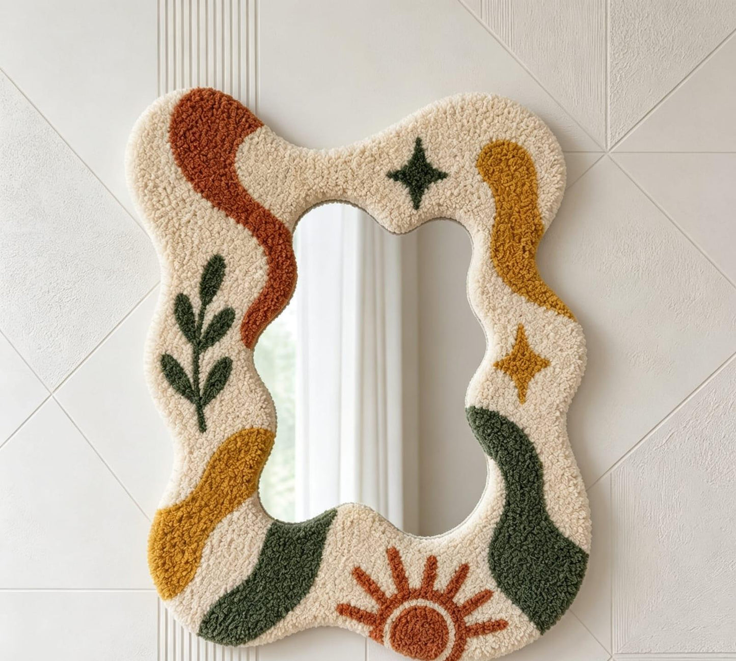 Tufted Wavy Mirror, Punch Needle Sun Art, Boho Room Decor