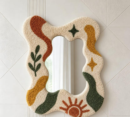 Tufted Wavy Mirror, Punch Needle Sun Art, Boho Room Decor