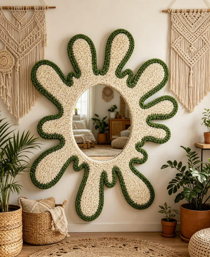 Tufted Splatter Mirror, Olive Green Cream Punch Needle Decor, Boho Room Art