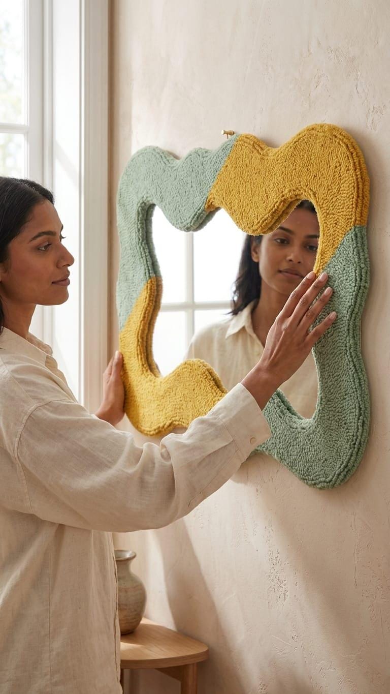 Tufted Wavy Mirror, Sage Green Mustard Yellow Punch Needle Wall Art