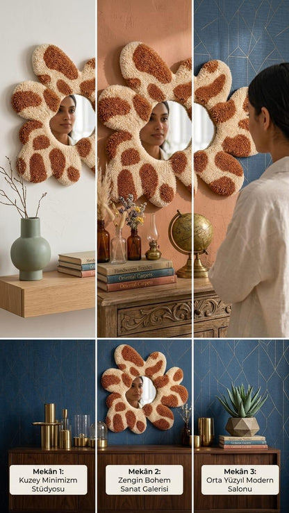 Tufted Flower Mirror | Giraffe Print Punch Needle Wall Art | Boho Decor