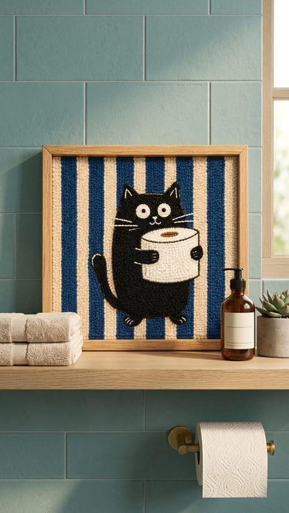 Funny Black Cat Bathroom Wall Art | Tufted Toilet Paper Cat Frame | Punch Needle Restroom Decor | Cat Lover Gift