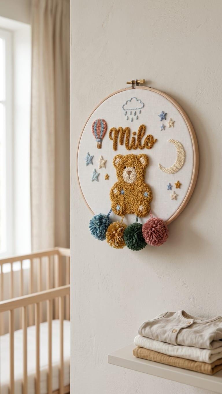 Personalized Teddy Bear Punch Needle Hoop Art, Boho Nursery Decor, Custom Name Sign