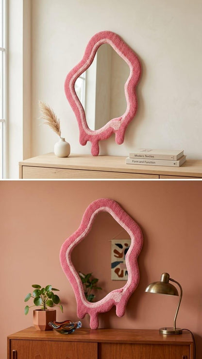 Tufted Pink Drip Mirror | Melted Punch Needle Wall Art, Coquette Decor