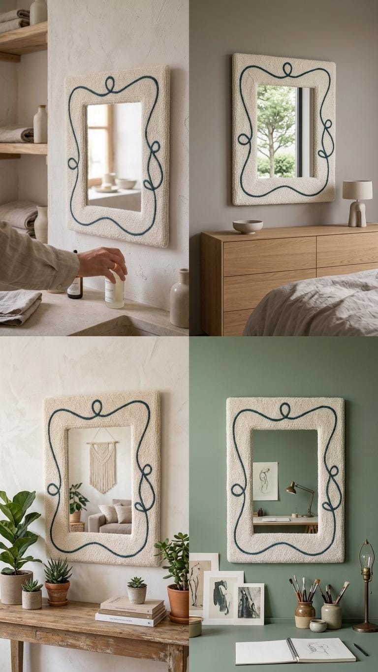 Punch Needle Mirror, Tufted Yarn Frame, Line Art Decor, Cozy Vanity Accent Mirror