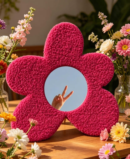 Hot Pink Tufted Flower Mirror, Punch Needle Wall Art, Y2K Preppy Decor