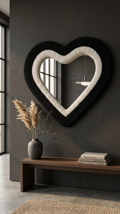 Black Heart Tufted Mirror, Handmade Heart Wall Mirror, Funky Punch Needle Mirror, Cute Bedroom Decor, Dopamine Wall Decor, Unique Gift