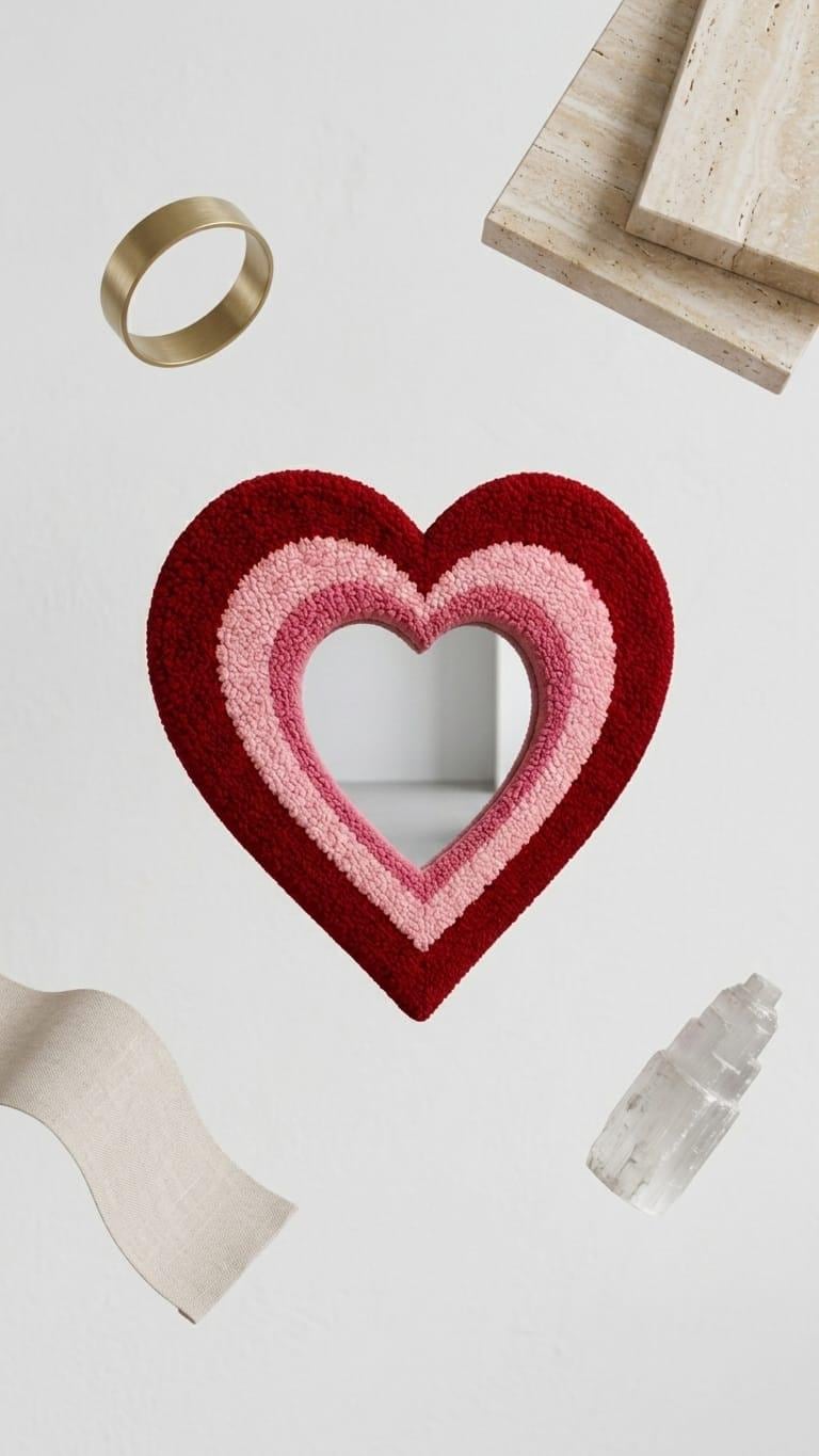 Heart Shaped Mirror, Tufted Heart Mirror, Pink and Red Wall Decor, Handmade Mirror, Coquette Room Decor, Funky Bedroom Mirror, Romantic Gift