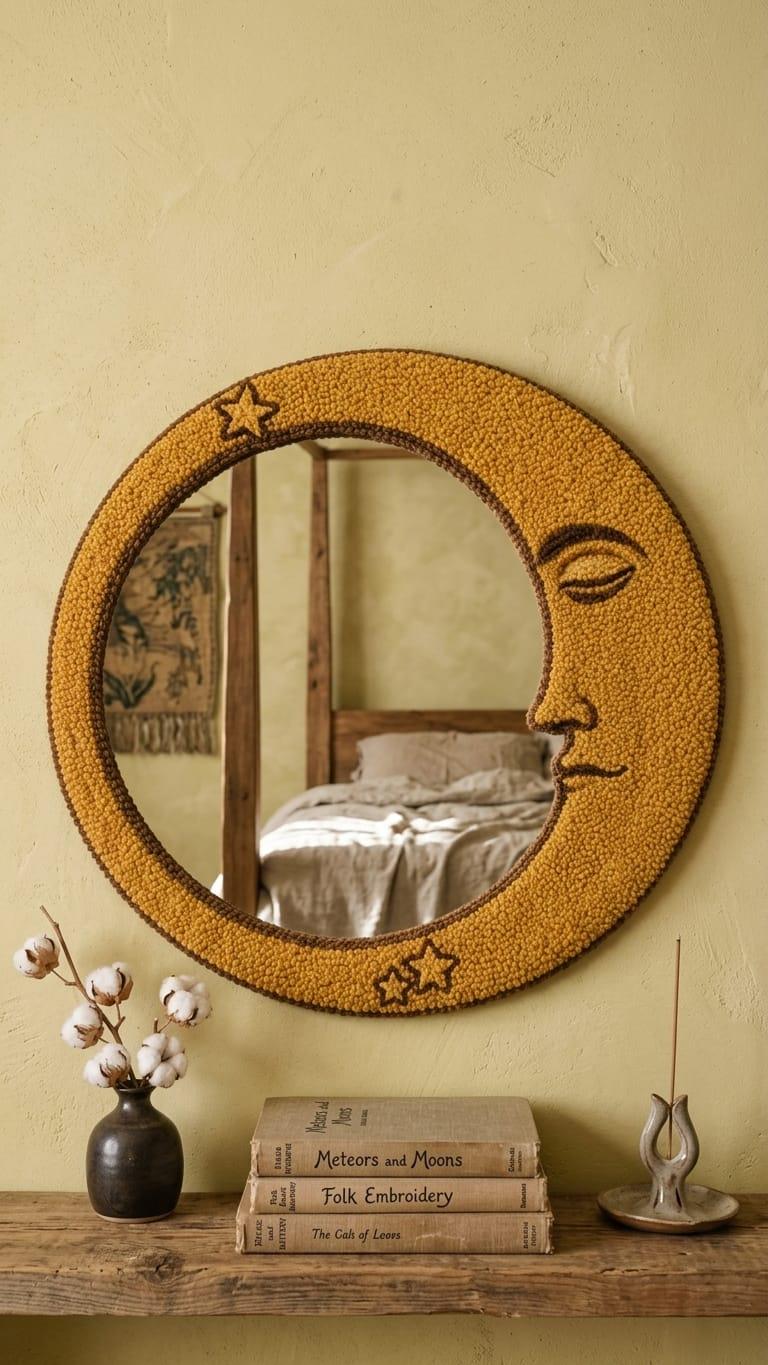 Tufted Celestial Crescent Moon Mirror | Gold Moon Face Punch Needle Wall Art | Mystical Astrology Room Decor | Whimsical Star Accent