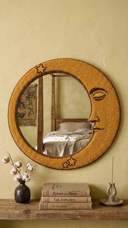 Tufted Celestial Crescent Moon Mirror | Gold Moon Face Punch Needle Wall Art | Mystical Astrology Room Decor | Whimsical Star Accent