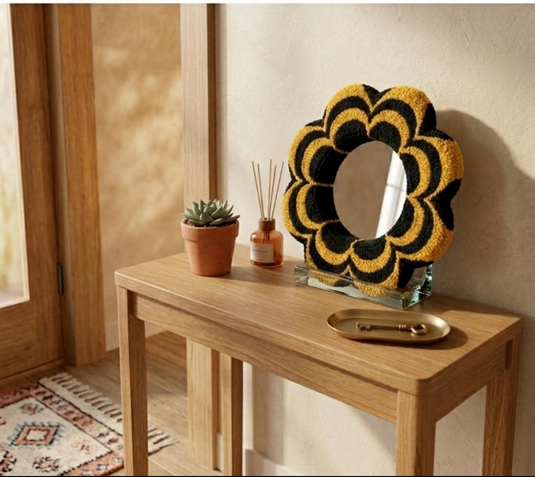 Tufted Flower Mirror, Yellow Black Wavy Punch Needle Wall, Groovy 70s Y2K Hanging Mirror