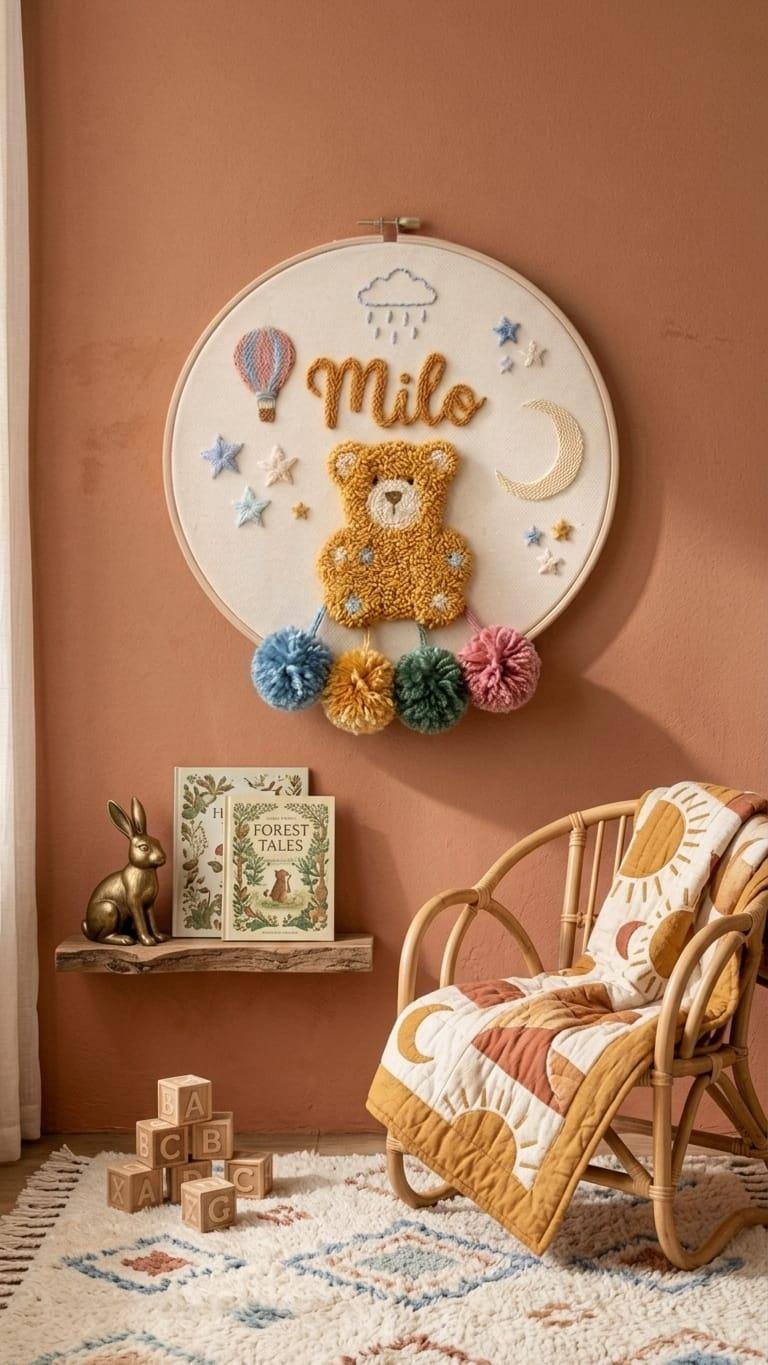 Personalized Teddy Bear Punch Needle Hoop Art, Boho Nursery Decor, Custom Name Sign