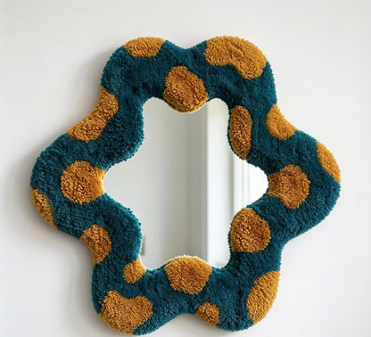 Handmade Tufted Flower Mirror, Blue Wavy Plush Vanity Mirror