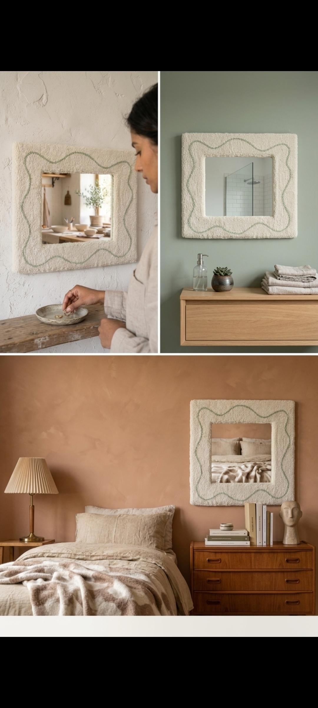 Handmade Punch Needle Mirror, Sage Green Wavy Line Tufted Frame, Cream Yarn Decor
