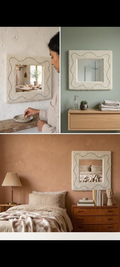 Handmade Punch Needle Mirror, Sage Green Wavy Line Tufted Frame, Cream Yarn Decor