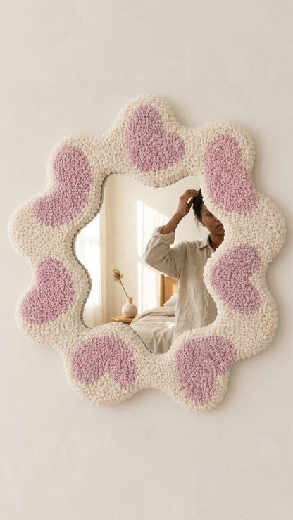 Tufted Heart Mirror, Wavy Pink Punch Needle Wall Decor, Danish Pastel Room Accessory
