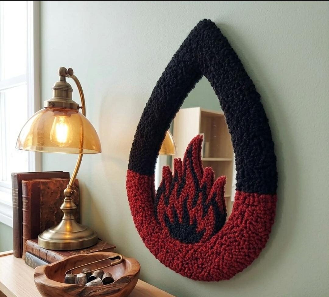 Handmade Tufted Flame Mirror | Punch Needle Gothic Wall Decor