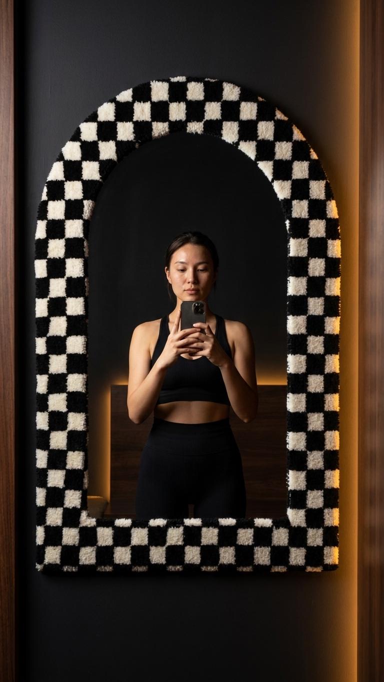 Tufted Arch Mirror, Black White Checkerboard Wall Decor, Soft Textured Frame