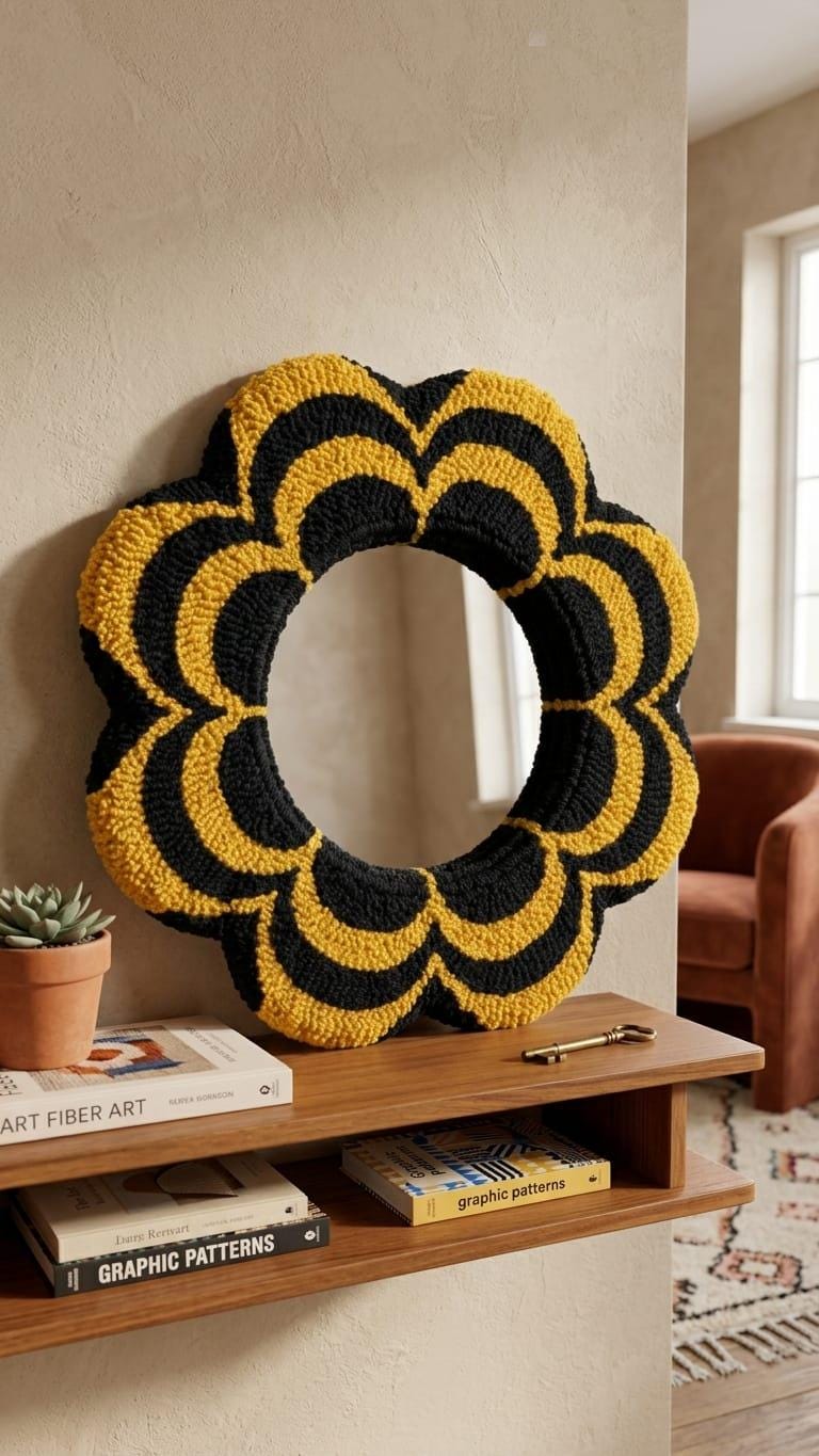 Tufted Flower Mirror, Yellow Black Wavy Punch Needle Wall, Groovy 70s Y2K Hanging Mirror