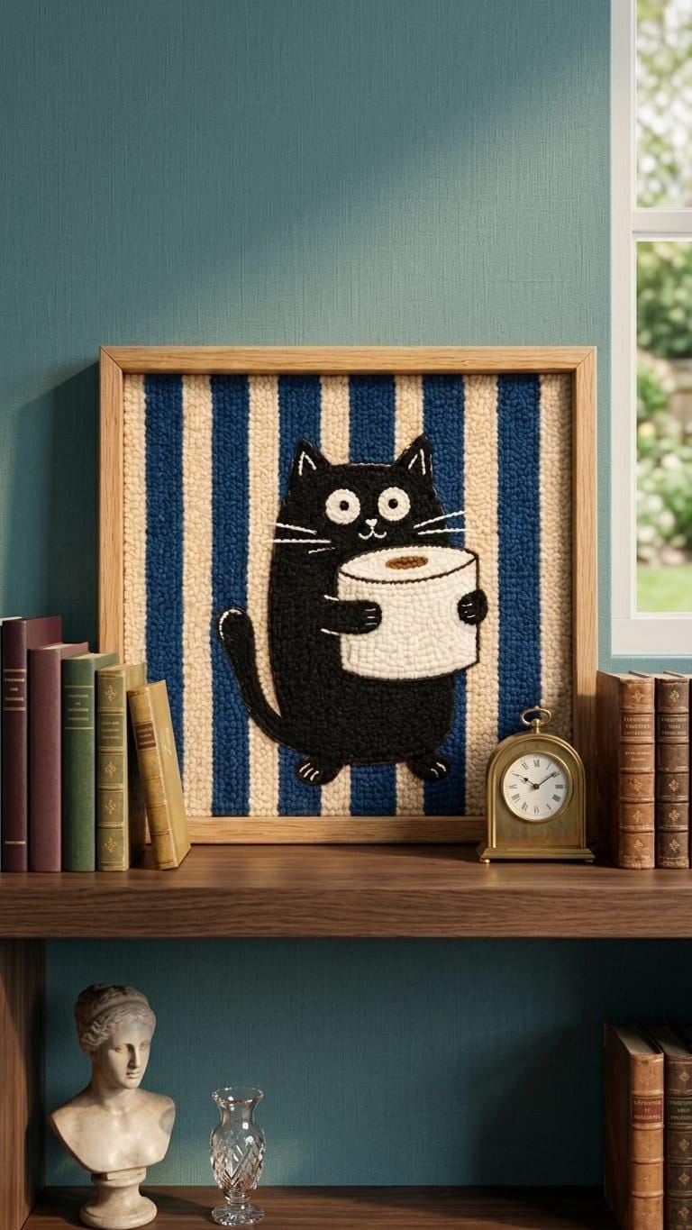 Funny Black Cat Bathroom Wall Art | Tufted Toilet Paper Cat Frame | Punch Needle Restroom Decor | Cat Lover Gift