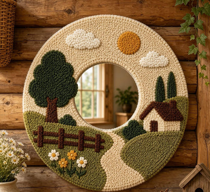 Tufted Landscape Mirror, Round Scenery Wall Art, Punch Needle Cozy Farmhouse Decor