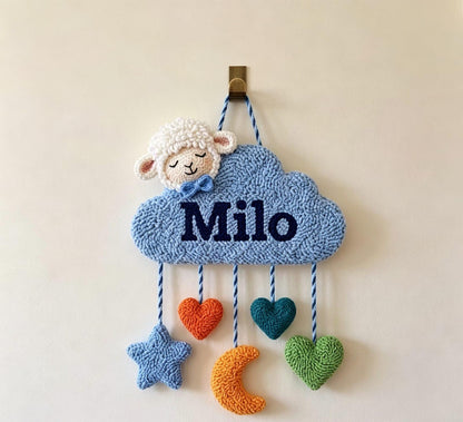 Personalized Cloud Name Sign, Tufted Sheep Nursery Art, Punch Needle Decor