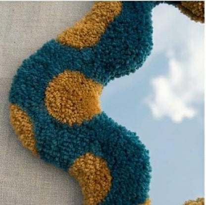 Handmade Tufted Flower Mirror, Blue Wavy Plush Vanity Mirror