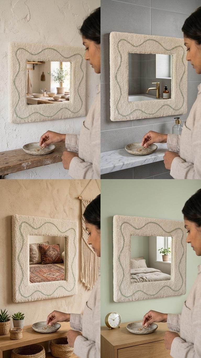 Handmade Punch Needle Mirror, Sage Green Wavy Line Tufted Frame, Cream Yarn Decor