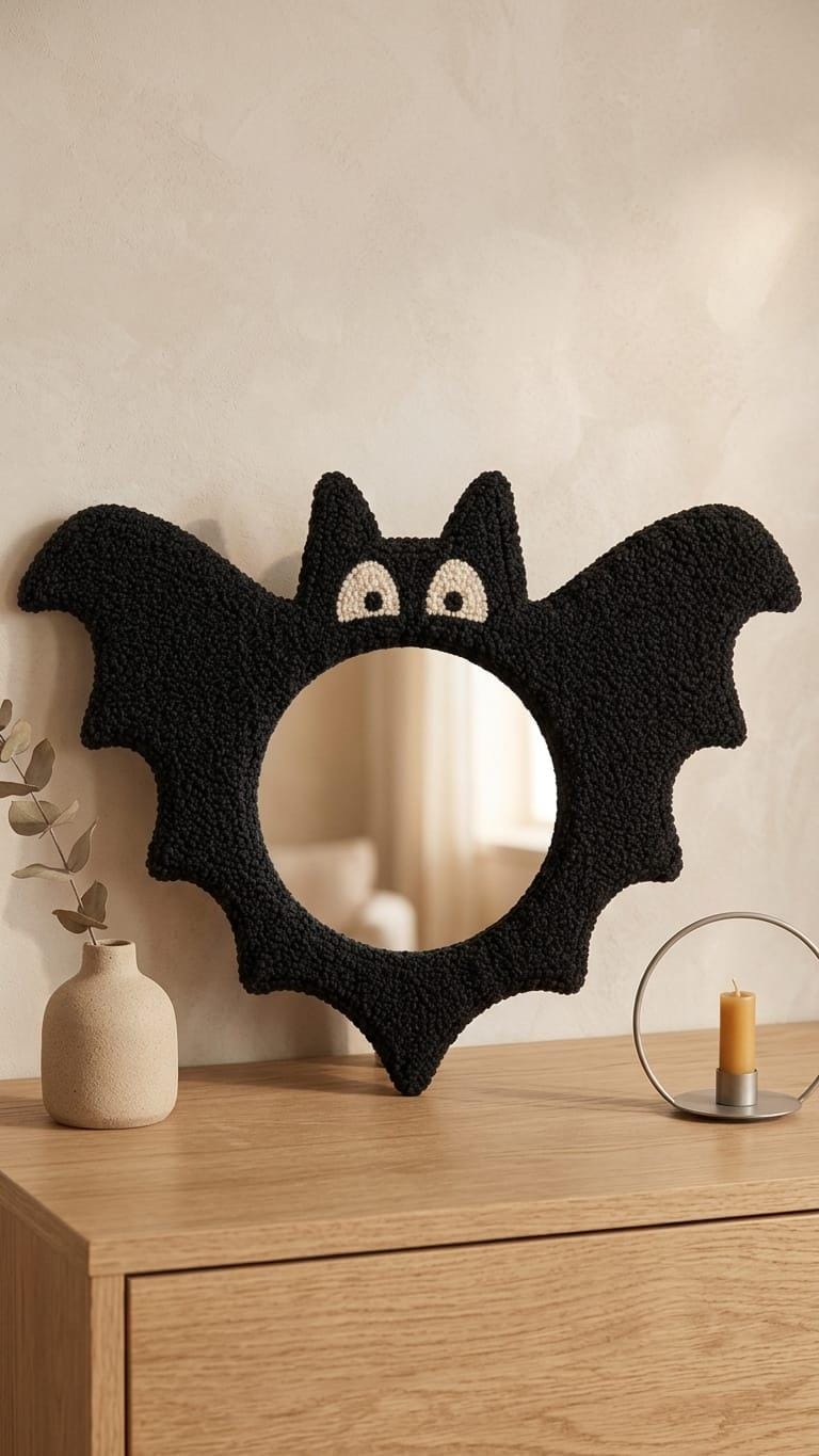 Bat Mirror, Halloween Mirror, Tufted Wall Mirror, Black Bat Decor, Spooky Wall Decor, Gothic Room Decor, Halloween Gift, Cute Spooky Decor