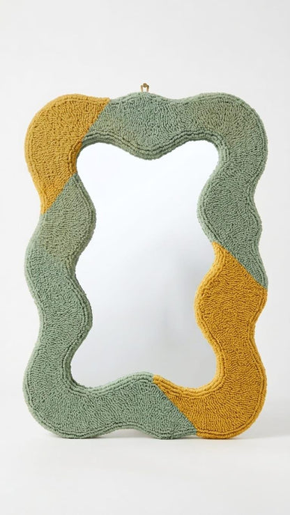Tufted Wavy Mirror, Sage Green Mustard Yellow Punch Needle Wall Art