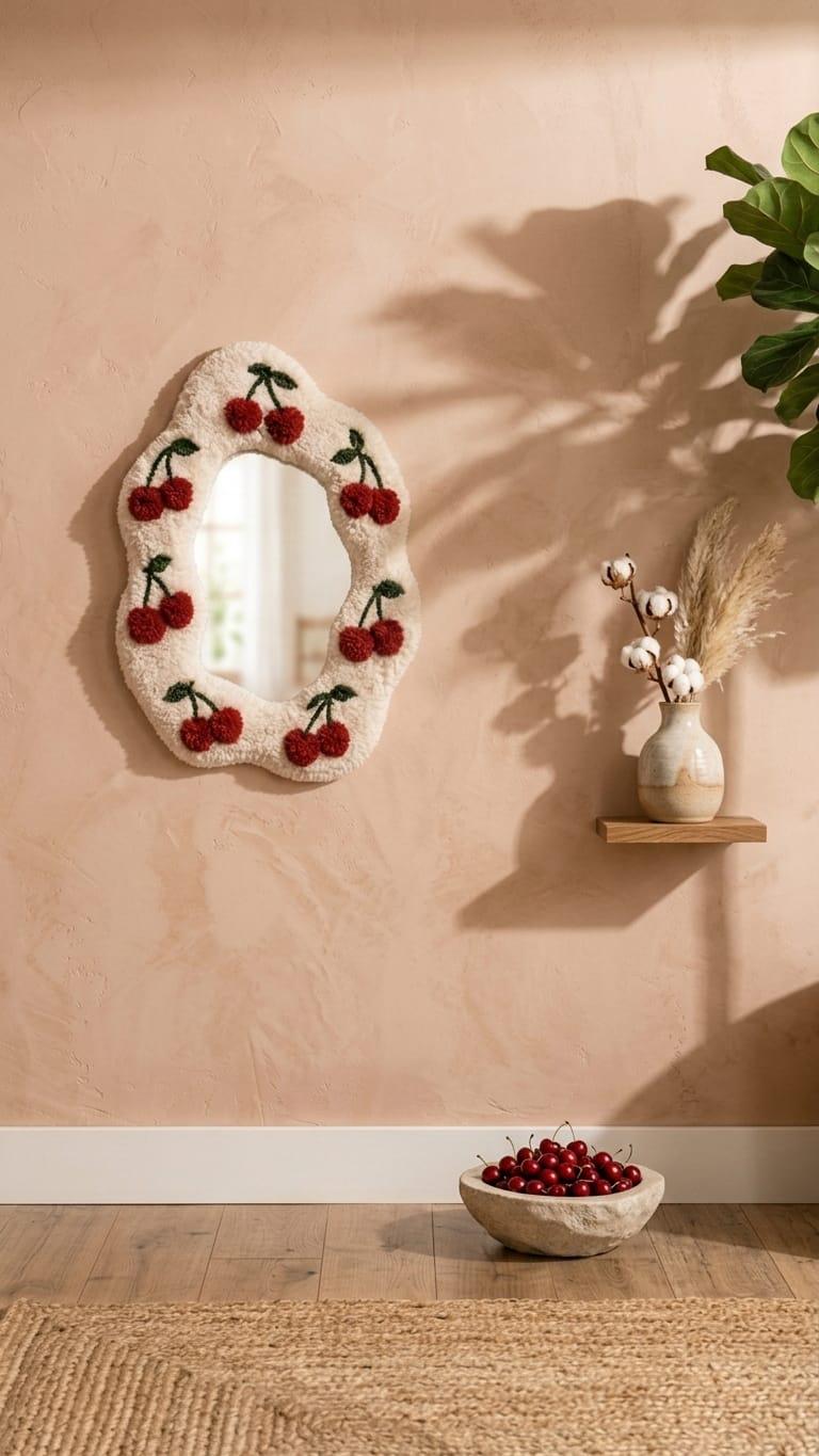 Tufted Cherry Mirror | Wavy Punch Needle Wall Art, Coquette Room Decor