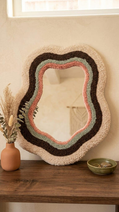 Tufted Wavy Mirror | Sage Green Pink Punch Needle Wall Art, Boho Decor