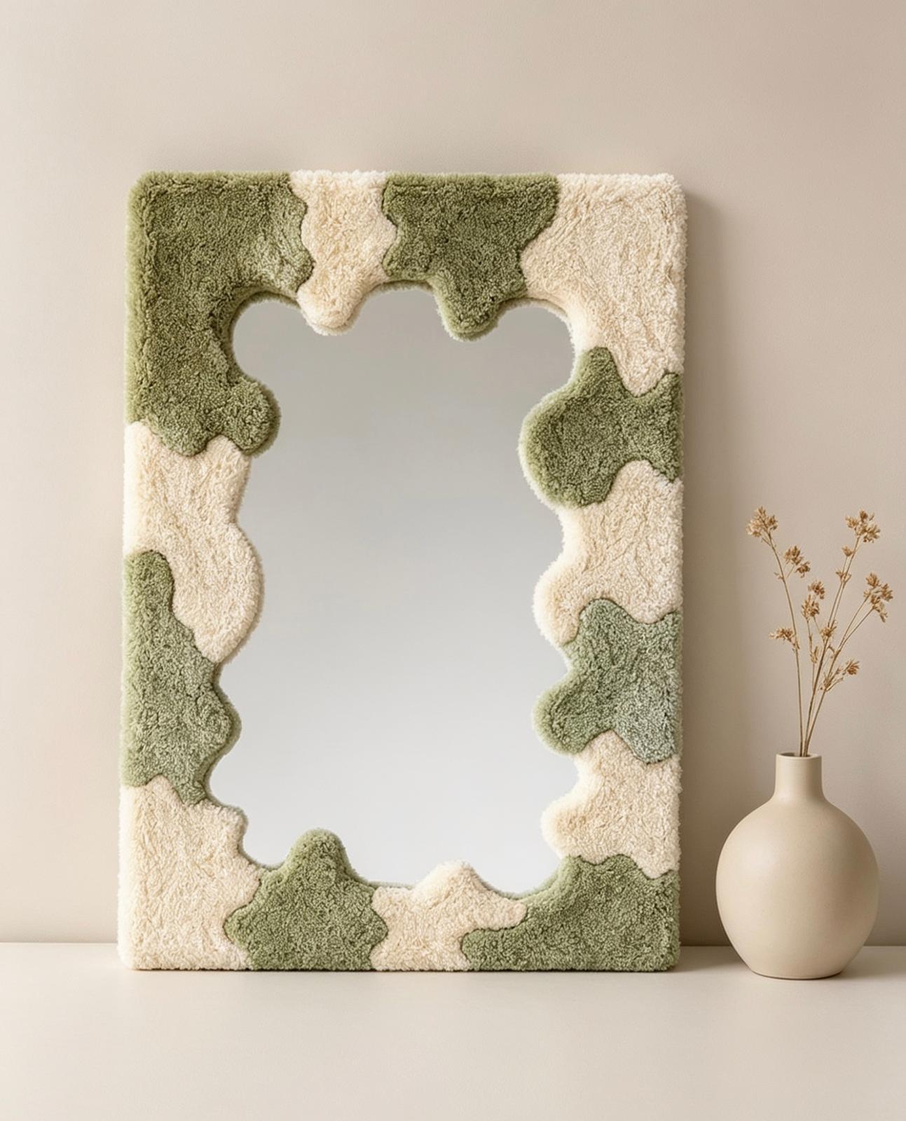 Handmade Tufted Cow Print Mirror, Wavy Plush Vanity Wall Decor