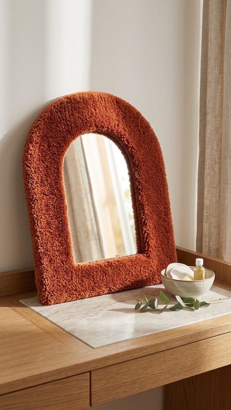 Handmade Bouclé Arch Mirror, Burnt Orange Plush Wall Decor, Cozy Bedroom Vanity Mirror
