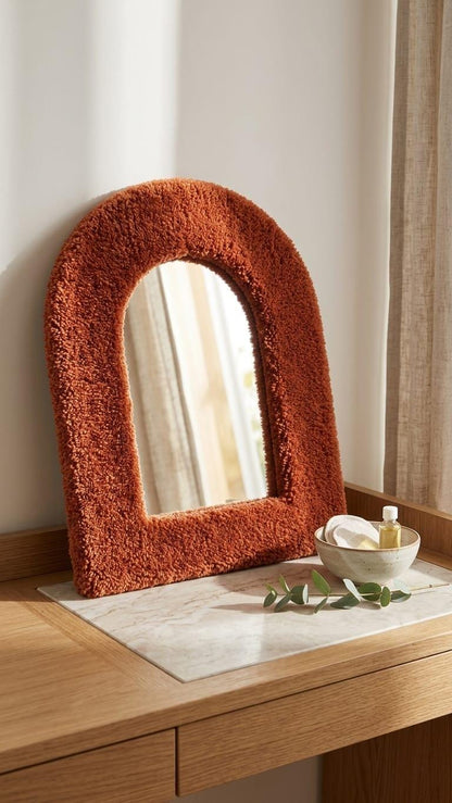 Handmade Bouclé Arch Mirror, Burnt Orange Plush Wall Decor, Cozy Bedroom Vanity Mirror