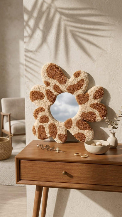Tufted Flower Mirror | Giraffe Print Punch Needle Wall Art | Boho Decor