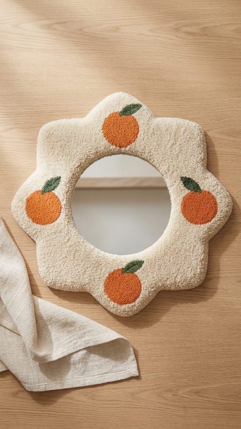 Tufted Orange Fruit Mirror | Flower Punch Needle Wall Art | Boho Wavy Cream Mirror